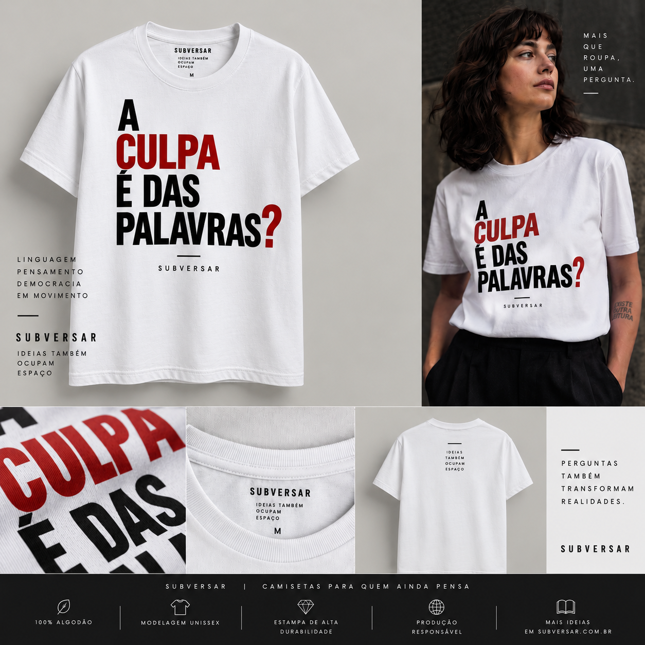 Camiseta A culpa é das palavras? — apresentação editorial