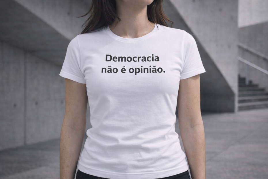 Camiseta Democracia não é opinião — em contexto
