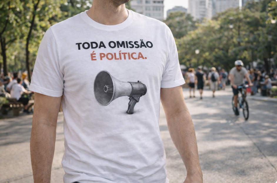 Camiseta Toda omissão é política — em contexto